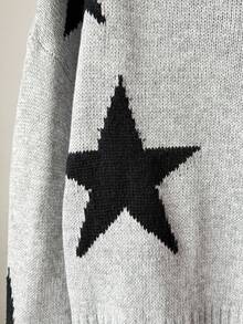 SHEIN 少女时尚休闲百搭灰色星形图案毛衣，星形卫衣，青少年毛衣，灰色毛衣，星形毛衣，可爱毛衣，灰色上衣，短款毛衣，女童毛衣，可爱毛衣，秋冬毛衣，青少年套头毛衣，青少年毛衣，女童星形毛衣 - 灰色 - 查看 4