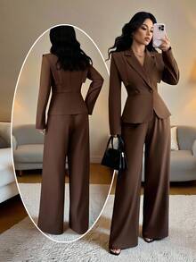 Elenzga 女士新款秋冬万圣节、圣诞节、感恩节、新年优雅派对、通勤、办公室服装、商务休闲女装、收腰纽扣修身长袖不对称长裤带口袋、日常时尚卡其色/棕色两件套西装套装 - 咖啡棕 - 查看 1