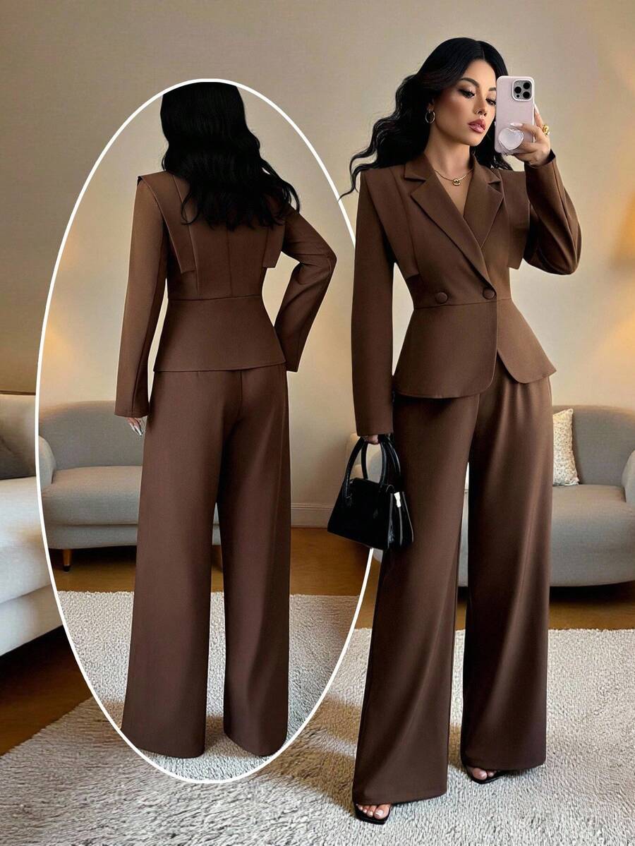 Elenzga 女士新款秋冬万圣节、圣诞节、感恩节、新年优雅派对、通勤、办公室服装、商务休闲女装、收腰纽扣修身长袖不对称长裤带口袋、日常时尚卡其色/棕色两件套西装套装 - 咖啡棕 - 查看 1