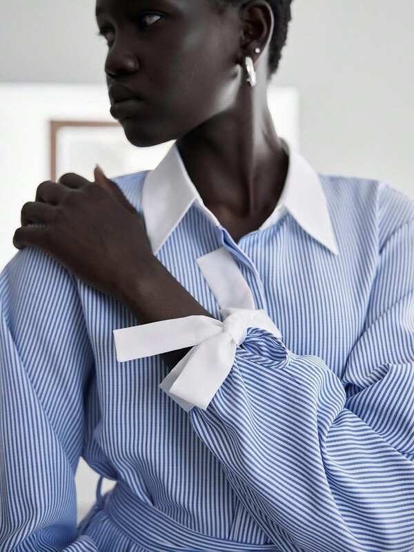 Lumivelle Vestido minimalista francés de mujer para el otoño/invierno con cuello de lazo, bloques de color a rayas y cinturón en la cintura