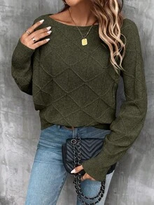 EMERY ROSE Women's Casual Solid Color Batwing Sleeve Crew Neck Sweater, Autumn/Winter - Army Green - View 7