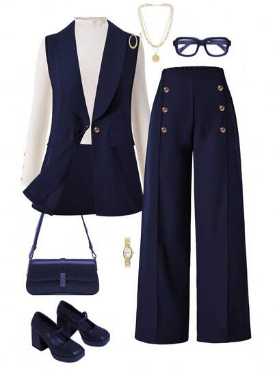 3pcs/Set Casual Sleeveless Blazer Jacket (With Long Sleeve Top And Pants) For Teen Girl Suitable For Everyday Casual And Commuting Wear