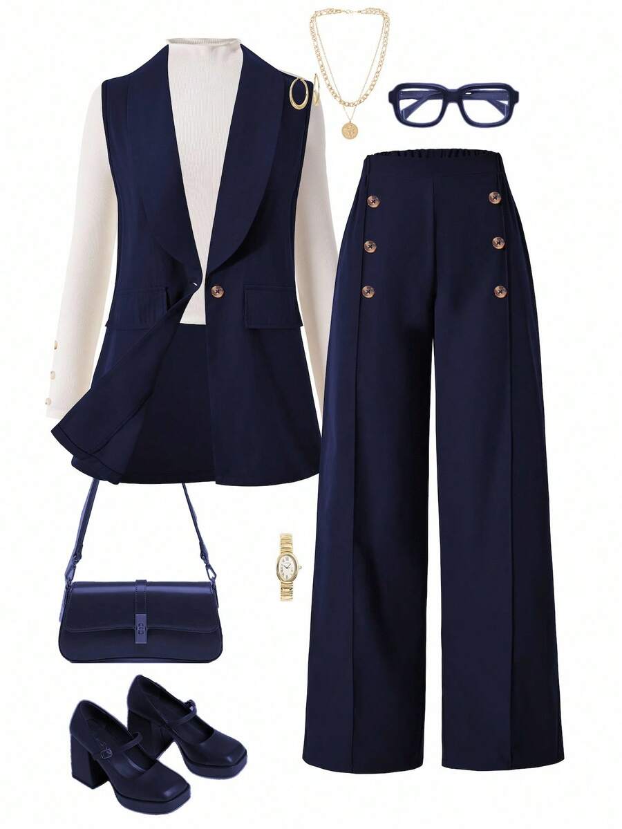 3pcs/Set Casual Sleeveless Blazer Jacket (With Long Sleeve Top And Pants) For Teen Girl Suitable For Everyday Casual And Commuting Wear