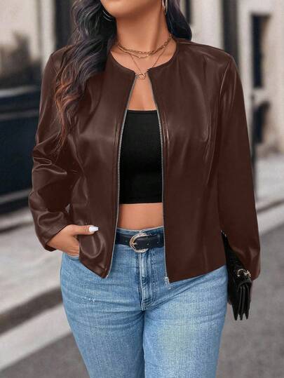 EMERY ROSE Plus Size Women Solid Color Zipper Front PU Leather Long Sleeve Jacket, Autumn Fall Winter Cloth For Women