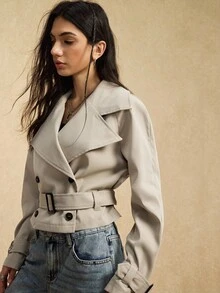 Easelle Vintage Nomadic Turndown Collar Button Short Waist Cinched Women Trench Coat Jackets For Women Casual Outerwear Women Short Trench Coat Trench Coat Women Cropped Trench Coat In Fall/Winter - Khaki - View 4