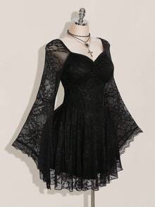 SHEIN ICON فستان بياقة مربعة مطوي بالدانتيل وأكمام واسعة بلون متباين، فستان حفلة Y2K، زي هالوين، ساحرة