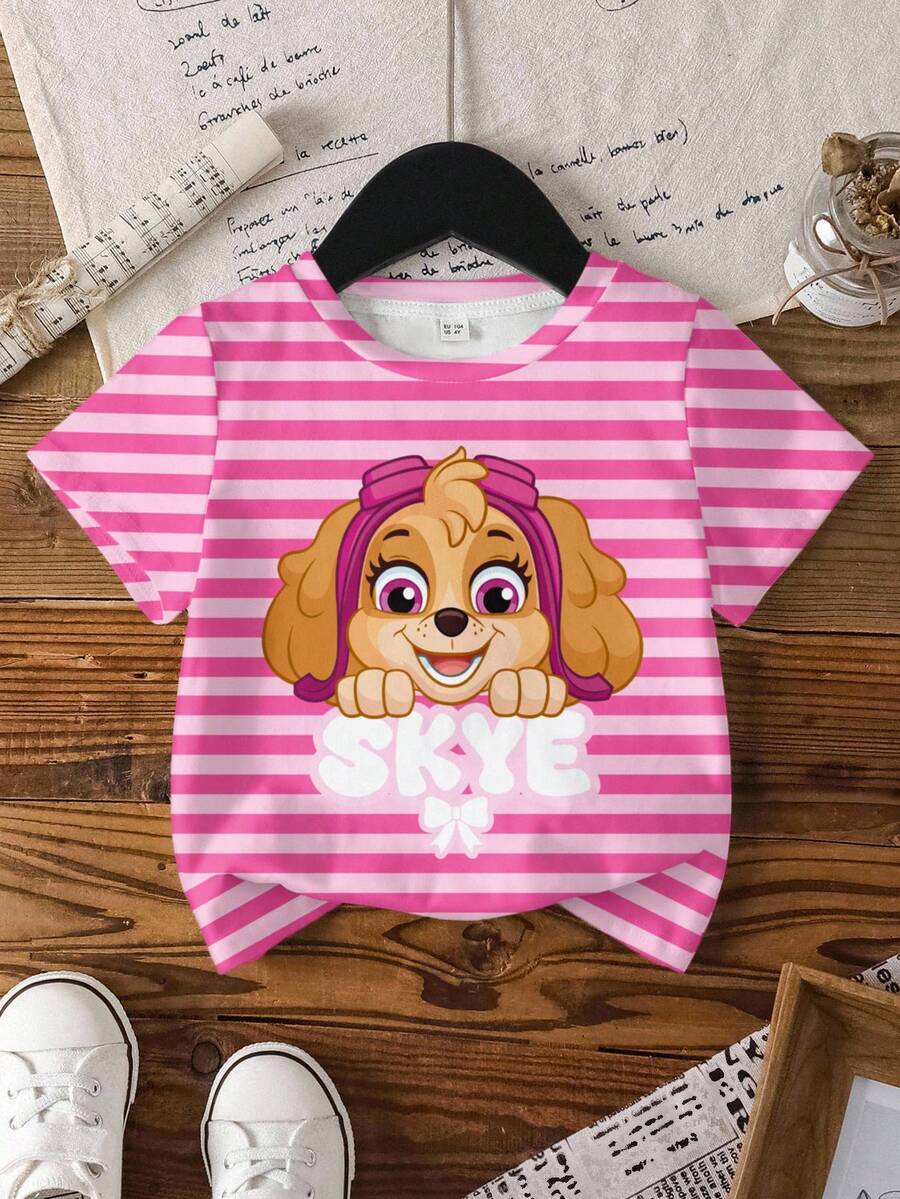 SHEIN | PAW Patrol Young Girl Summer Cute Striped Dog Print T-Shirt - White - View 1