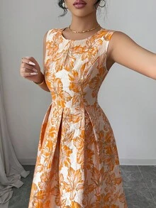 Elenzga 女士优雅花卉印花无袖腰部收腰圆领连衣裙 - 橘色 - 查看 4