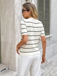 Serisse Blusa de punto casual de cuello redondo y manga corta a rayas para mujer