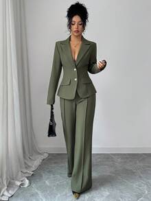 SHEIN Elenzya 优雅浪漫的女士西装外套，翻领收腰设计 - 軍綠色 - 查看 6