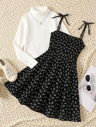 SHEIN 青少年女孩白色针织短款上衣和黑色碎花吊带裙，休闲度假，舒适，适合春夏季，干净的女孩造型