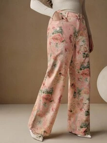 Anewsta Quần jean ống đứng màu hồng in họa tiết cổ điển dành cho nữ - Hồng - Xem 5