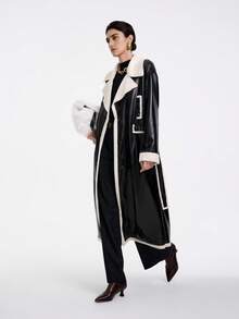 SHEIN Stylify 女式休闲翻领仿皮草饰边束腰撞色饰边长款风衣，秋冬 - 彩色 - 查看 5
