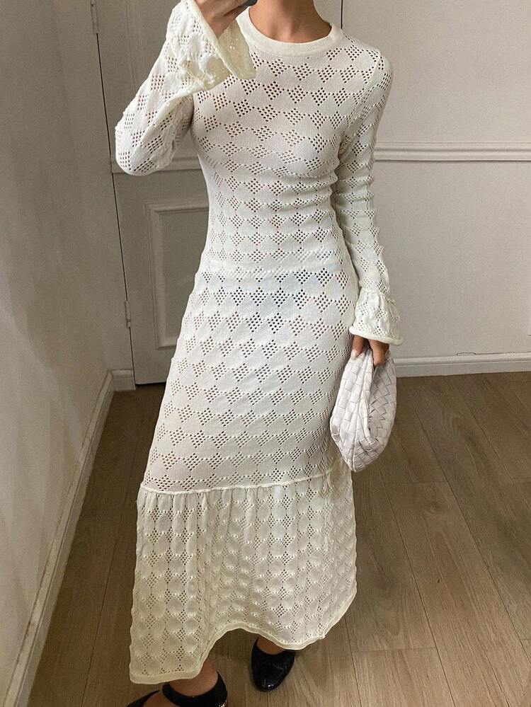 Women's Elegant Minimalist Fashion Knit Midi Dress, Loose Casual Business Office Commute Wear, Autumn/Winter Sweater Dress