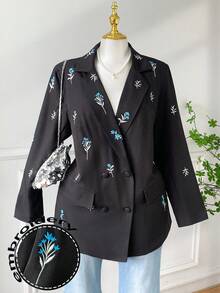 SHEIN EZwear 大码女式黑色翻领实用口袋刺绣花朵西装外套，秋冬，秋季，教师，工作，商务，办公室，学校，外出 - 黑色 - 查看 1