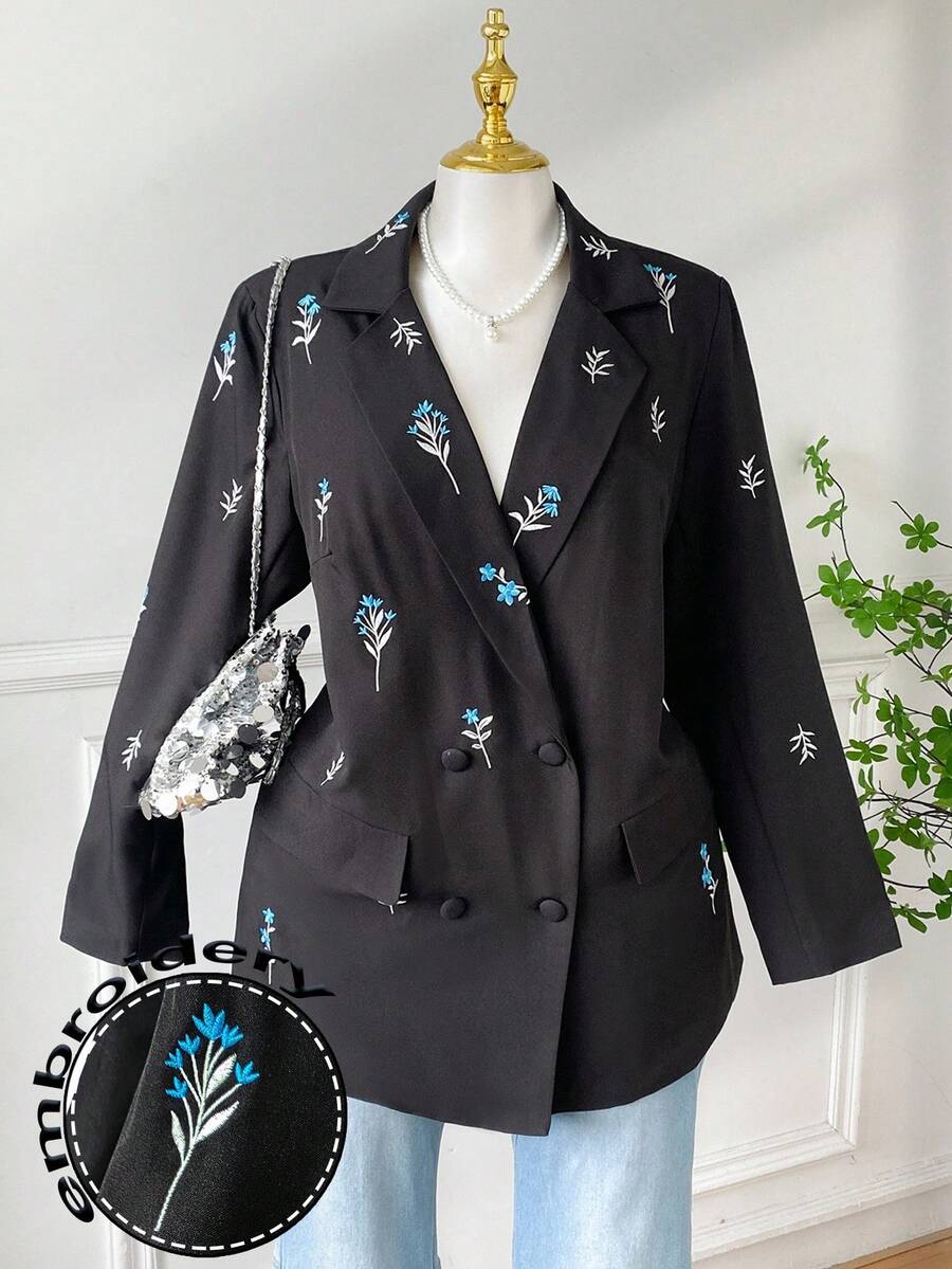 SHEIN EZwear 大码女式黑色翻领实用口袋刺绣花朵西装外套,秋冬,秋季,教师,工作,商务,办公室,学校,外出 - 黑色 - 查看 1