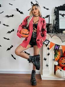 Áo khoác len cardigan dài tay trễ vai họa tiết bí ngô Halloween thời trang thu đông cho nữ - Màu Hồng Tươi - Xem 5