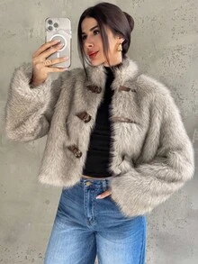 Firerie 女式卡其色立领修身长袖蓬松纽扣仿皮草夹克，秋冬外套，带衬里，适合春秋冬季，优雅、通勤、休闲、日常、工作装、宴会、派对、年会 - 卡其色 - 查看 3