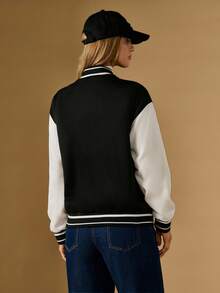 Briarwyn Women's Casual Color Block Letter Embroidery Baseball Jacket, Autumn Winter,New Year,Old Money Style - Black and White - View 3