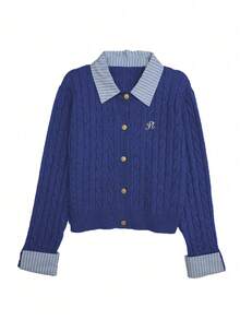 Rafferiza Fashionable Blogger-Inspired 2 In 1 Patchwork Knit Cropped Cardigan, European And American Style - Royal Blue - View 7