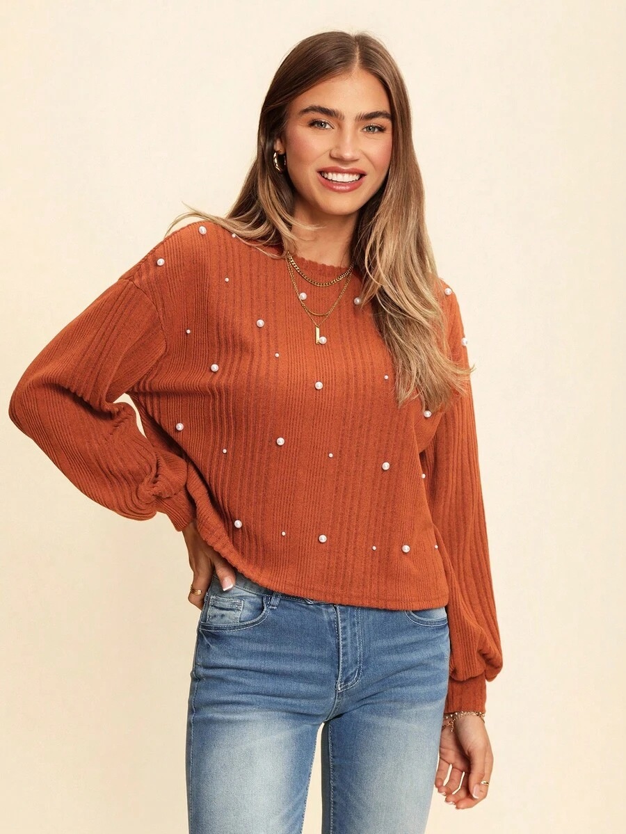 Coeurva Camiseta tejida de canalé con diseño de perla - Marrón - Ver 1