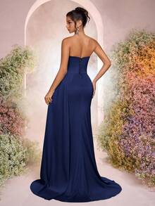 Glamrae Elegant Green Satin Strapless Plunging Neckline Sheer Mesh Fishbone Applique 3D Floral Mermaid High Slit Side Draped Adjustable Tie Dress, Suitable For Date, Vacation, Birthday, Party, Prom, Wedding, Formal Occasion, Valentine's Day - Navy Blue - View 2