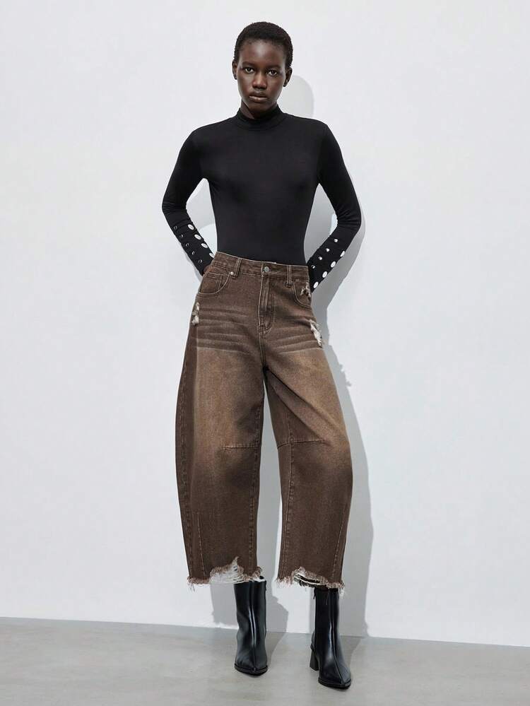 SHEIN Maija Women's High Waist Pockets Distressed Loose Tapered Jeans, Casual Urban Commute Business Wear, Office, Party, Autumn/Winter