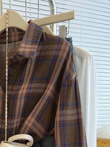 INAWLY Plus Size Casual Loose Plaid Shirt, Flattering - Coffee Brown - View 7