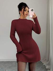 Elenzga 女式罗纹高领长袖紧身 A 字连衣裙，修身收腰 - 酒紅色 - 查看 4