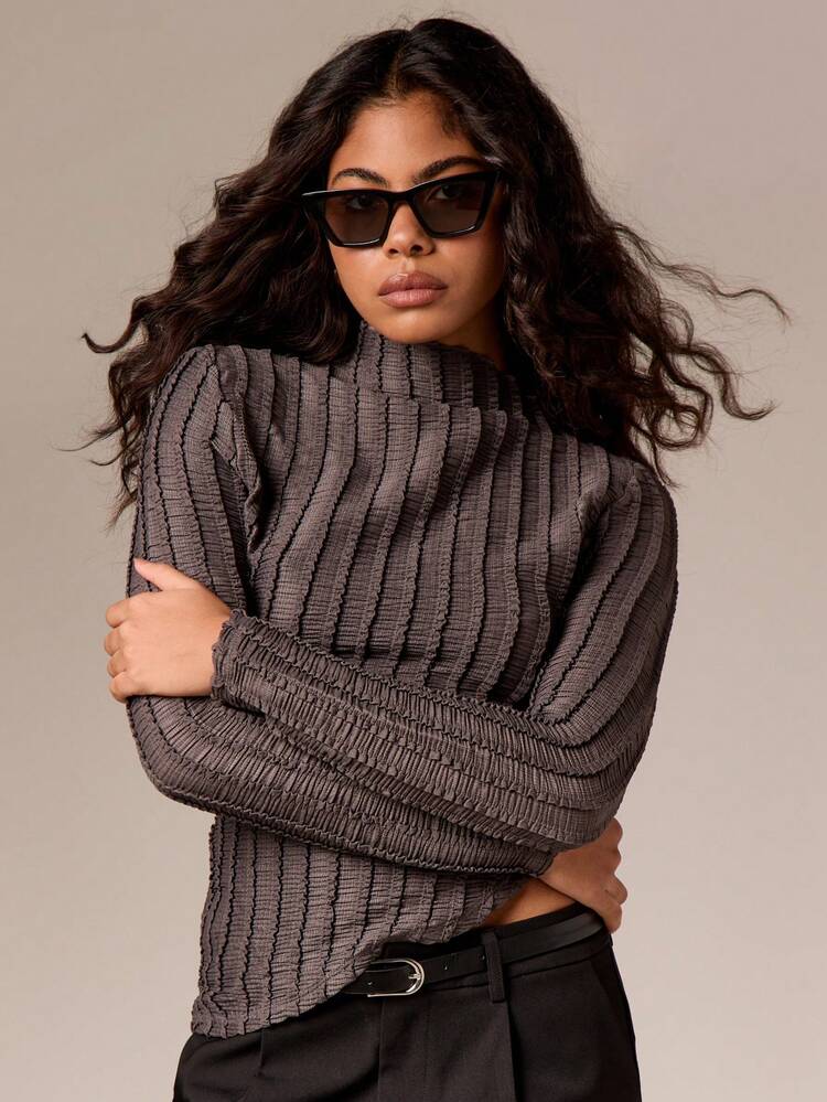 Textured Ribbed High Neck Long Sleeve Crop Top