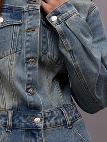 MUSERA Washed Dark Denim Button Down Jumpsuit Autumn Fall Winter Night Out Going Out Streetwear Cute Back To School Sexy  Chic - Blue - View 6