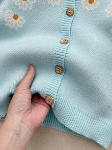 Blossori Young Girls' French Elegant Floral Pattern Front Button Knit Cardigan,Cozy Fall & Winter Styles, Children Cardigan, Kids Sweaters For Girls Button, Kids Cardigan, Blue Cardigan - Blue - View 3