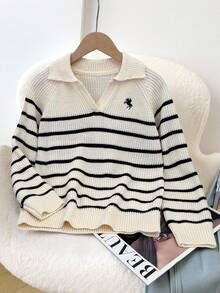 SHEIN Tween Girl Black And White Striped Autumn Knitted Polo Collar Sweater,Casual Back-To-School Ribbed Pullover,Everyday Wear Holiday Collegiate Fashion - Black and White - View 1