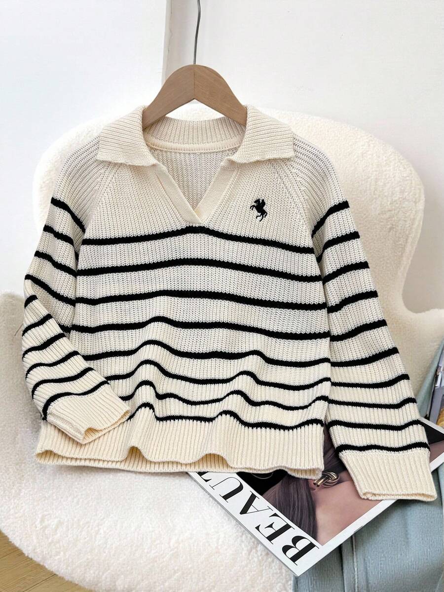 SHEIN Tween Girl Black And White Striped Autumn Knitted Polo Collar Sweater,Casual Back-To-School Ribbed Pullover,Everyday Wear Holiday Collegiate Fashion - Black and White - View 1