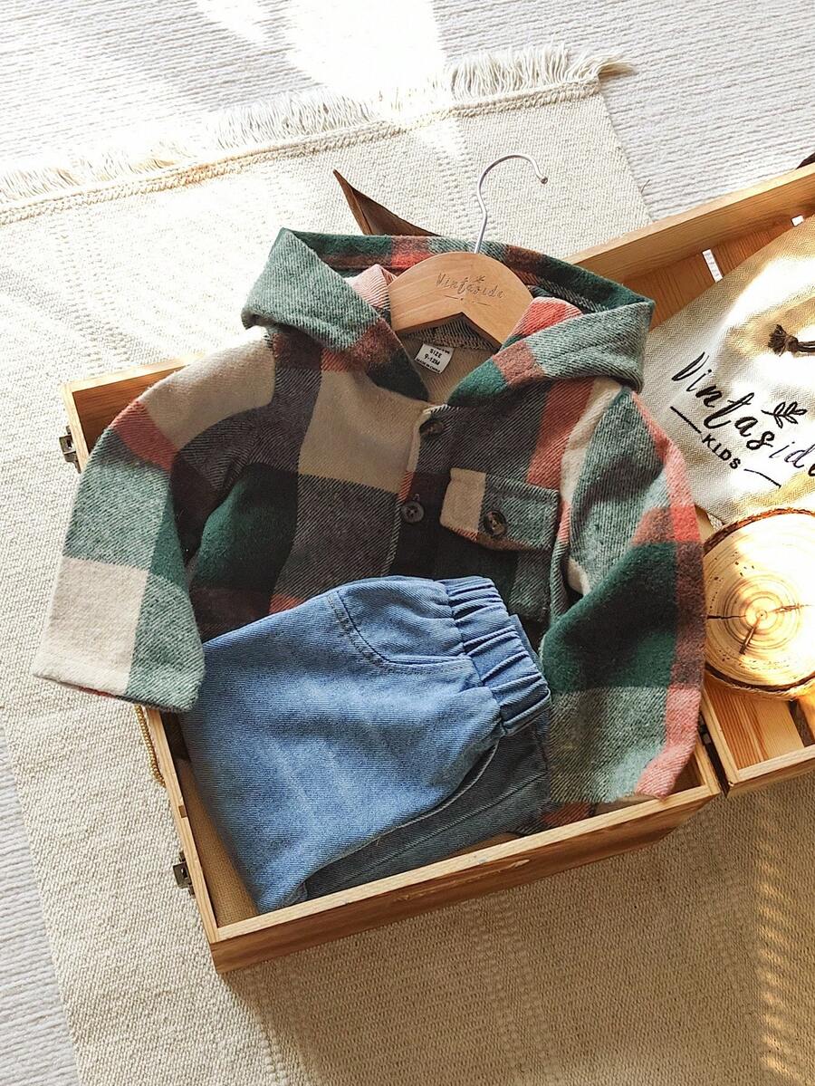 Vintaside Kids 男婴格子衬衫和时尚水洗牛仔裤套装，适合春秋两季