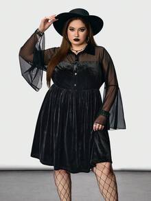 SHEIN CURVE+ 大码女款黑色长袖喇叭袖连衣裙，暗黑神秘风/秋冬 - 黑色 - 查看 6