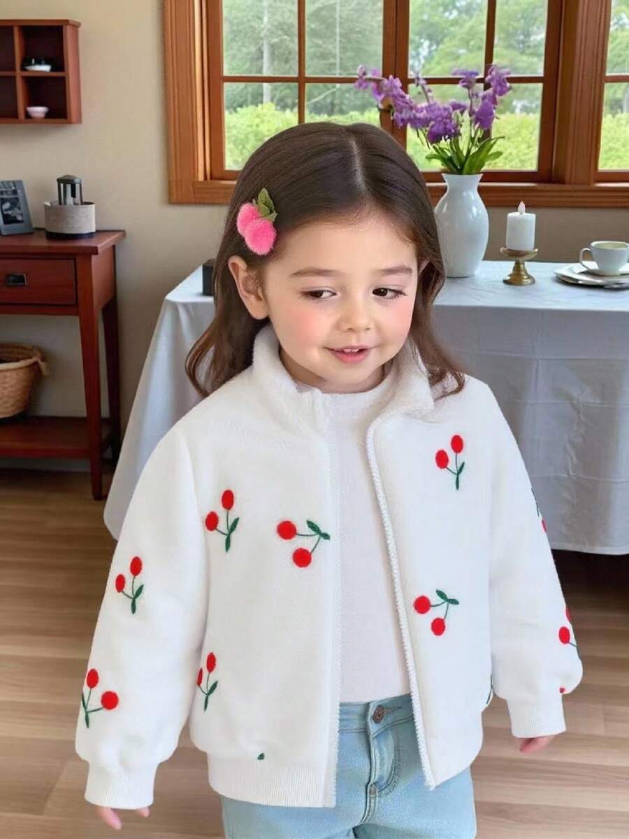 Elladie kids 甜美可愛蝴蝶結毛絨拉鍊外套,適合小女孩休閒外出,春/秋/冬童裝女款草莓女孩毛衣披肩 - 白色 - 查看 1