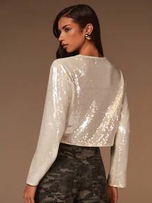 Athîral 女士象牙色亮片纽扣前短款夹克 | 亮面反光亮片面料，直领和长袖，轻松打造性感派对极简主义，鸡尾酒会/俱乐部/夜间外出/日常/胶囊衣橱必备女士秋冬服装 - 杏色 - 查看 2