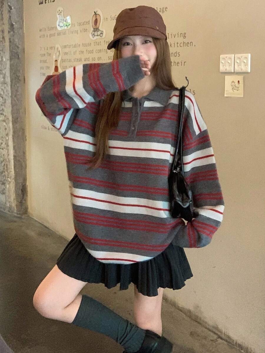 DAZY 女士休闲条纹韩版翻领长袖毛衣 - 灰色 - 查看 1