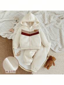 Loomiva 2pcs Baby Boy Cartoon Bear Pattern Contrast Color Hooded Jacket And Elastic Waist Pants Set - Multicolor - View 5