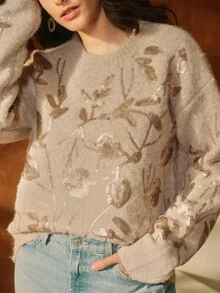 Anewsta 优雅时尚花卉亮片装饰圆领套头衫女式毛衣 - 淺灰色 - 查看 1