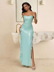 SHEIN Belle Elegant, Romantic, Fashionable, Sexy, Green, Sequined Fabric, Suspenders, 3D Flower Decoration, Ruffle Decoration, Side Slits, Tight Style, Suitable For Nightclubs, Parties, Vacations, Elegant Party Dress, Beach Dress, Wedding Guest Dress, Green Dress, Cocktail Dress - Mint Green - View 4