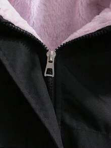 SHEIN 少女时尚加厚保暖内衬优雅简约时尚毛领长款户外外套，适合秋冬季节、派对等场合，卡其色 - 黑色 - 查看 6