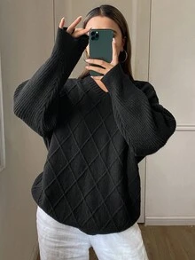 DAZY 女式复古深V领毛衣，秋冬上衣 - 黑色 - 查看 4