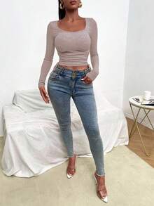 Cloudara Scoop Neck Drawstring Side Tee - Apricot - View 3