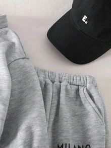 SHEIN 女婴可爱字母印花保暖长袖卫衣长裤套装，秋冬款 - 灰色 - 查看 3