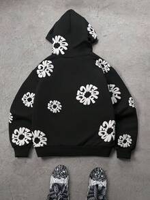 Manfinity EMRG 男士休闲字母印花连帽衫，秋冬黑色花卉印花连帽衫，长袖上衣