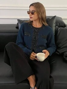 Livesso 女士宽松商务休闲优雅短款口袋开衫，秋冬 - 藏蓝色 - 查看 6