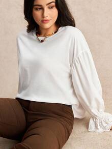 Nubod Plus Size Women Embroidered Cuff Trim Long Sleeve Minimalist Sweatshirt, Casual Everyday Wear, Autumn/Winter - White - View 4