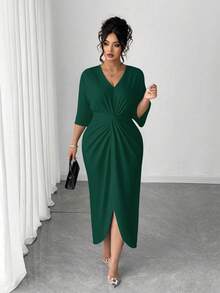 Elenzga Plus Size V-Neck Cinched Waist Bodycon Dress - Lime Green - View 5